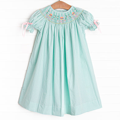 Girl's Egg-stra Special Sunday Smocked Bishop Dress in Mint size 12M | Stitchy Fish Girl's Egg-stra Special Sunday Smocked Bishop Dress in Mint size 12M | Stitchy Fish