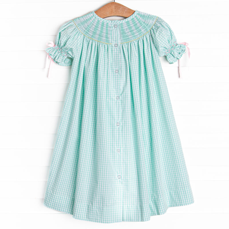Girl's Egg-Stra Special Sunday Smocked Bishop Dress in Mint Size 12M | Stitchy Fish Girl's Egg-Stra Special Sunday Smocked Bishop Dress in Mint Size 12M | Stitchy Fish