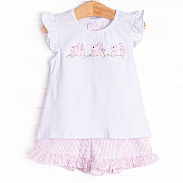 Hippity Hoppity Applique Short Set, Pink Seersucker