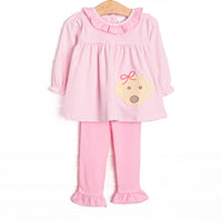 This set features pink stripes, ruffle trim and the cutest puppy applique.