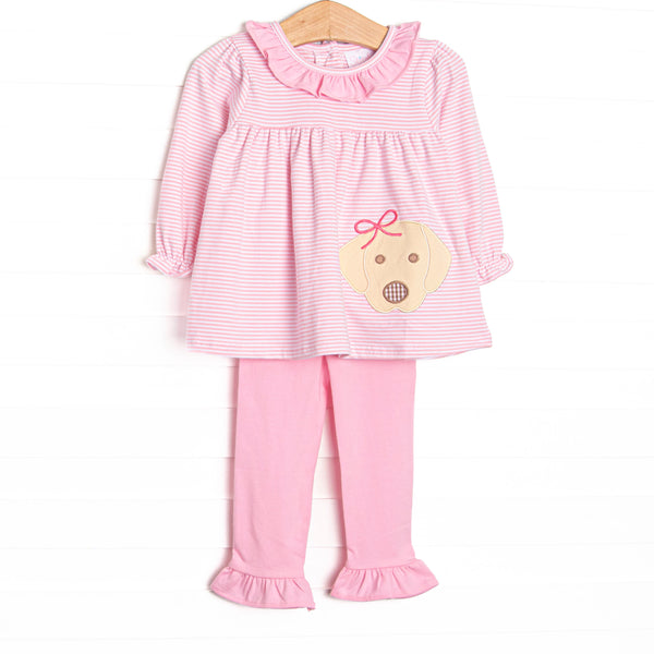 This set features pink stripes, ruffle trim and the cutest puppy applique.
