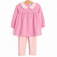 This set features a medium pink stripes, a pink peter pan collar, and matching pink leggings.