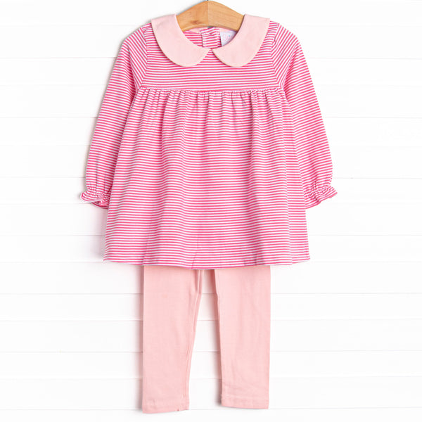 This set features a medium pink stripes, a pink peter pan collar, and matching pink leggings.