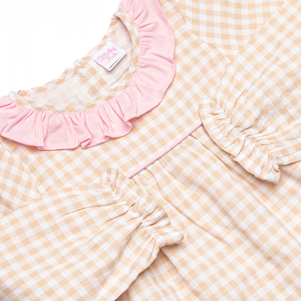 Timeless Tiles Ruffle Romper, Brown