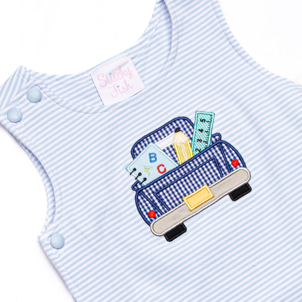 School Project Pickup Applique Diaper Set, Blue Stripe
