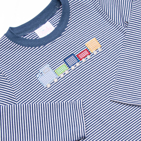 Chugging Along Applique Long Sleeve Top, Navy Stripe