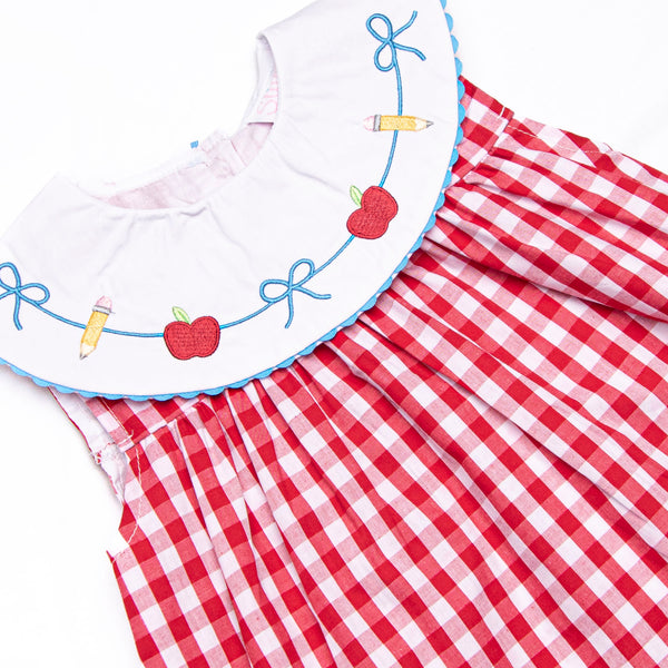 Back to School Banner Embroidered Ruffle Short Set, Red