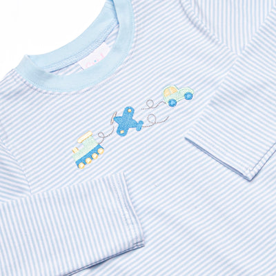 Travel Time Embroidered Pant Set, Light Blue Stripe