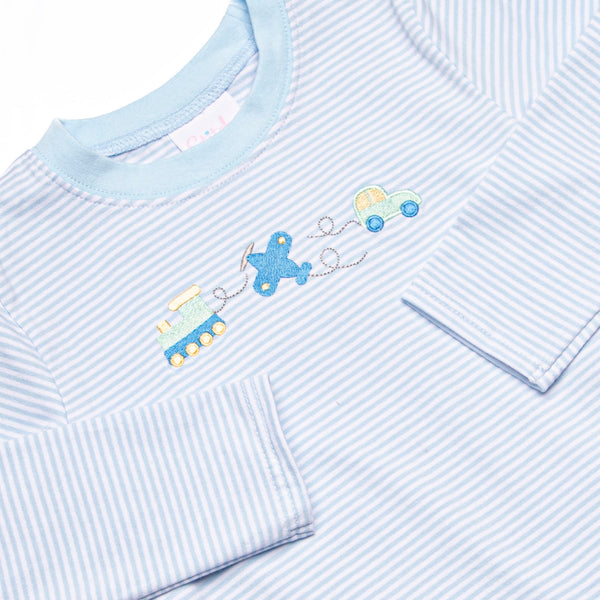 Travel Time Embroidered Pant Set, Light Blue Stripe