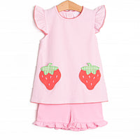 Pocketful of Berries Applique Ruffle Short Set, Pink