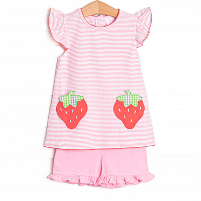 Pocketful of Berries Applique Ruffle Short Set, Pink