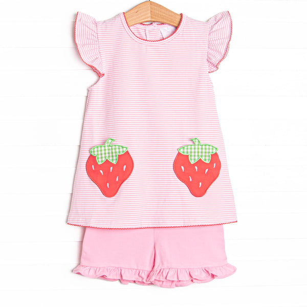 Pocketful of Berries Applique Ruffle Short Set, Pink