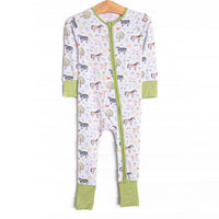  This zippy is made of the extremely soft, stretchy bamboo viscose fabric that feels like butter. With fold over cuffs at the feet so it can be worn as a romper or a zippy, a double zipper for easier diaper changes, and a farm animal print 