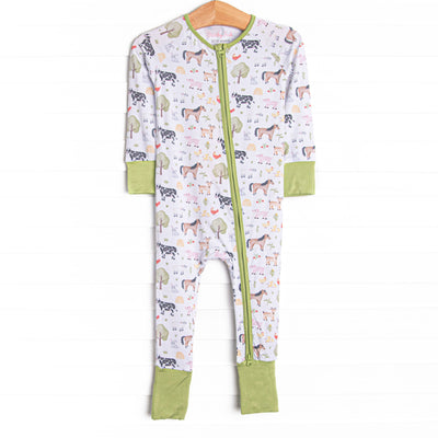  This zippy is made of the extremely soft, stretchy bamboo viscose fabric that feels like butter. With fold over cuffs at the feet so it can be worn as a romper or a zippy, a double zipper for easier diaper changes, and a farm animal print 