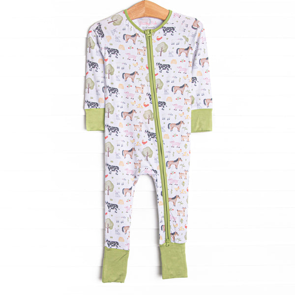 This zippy is made of the extremely soft, stretchy bamboo viscose fabric that feels like butter. With fold over cuffs at the feet so it can be worn as a romper or a zippy, a double zipper for easier diaper changes, and a farm animal print 