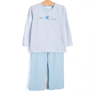 This set features light blue knit material,&nbsp; the cutest train, airplane and car embroidery and blue pants to match.