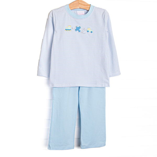This set features light blue knit material,&nbsp; the cutest train, airplane and car embroidery and blue pants to match.