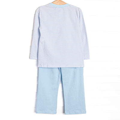 Travel Time Embroidered Pant Set, Light Blue Stripe