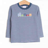 This top features a navy blue striped pattern, the softest knit material and the cutest gingham train applique.