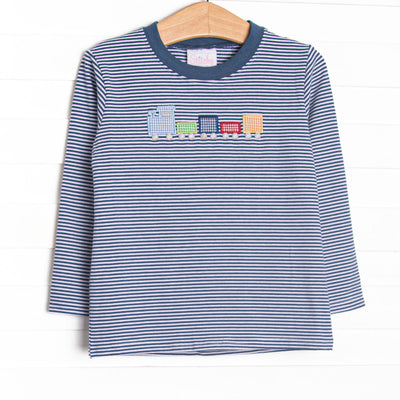 This top features a navy blue striped pattern, the softest knit material and the cutest gingham train applique.