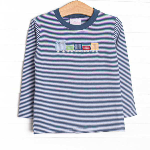 This top features a navy blue striped pattern, the softest knit material and the cutest gingham train applique.
