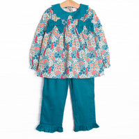  This set features blue floral print, blue corduroy side ties, and a blue corduroy scalloped collar. Coordinating blue corduroy ruffle pants to match. 