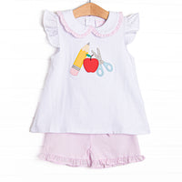  It features a white flutter sleeve top with school details applique and a ruffle seersucker trimmed collar. Coordinating pink seersucker ruffle shorts to match. 