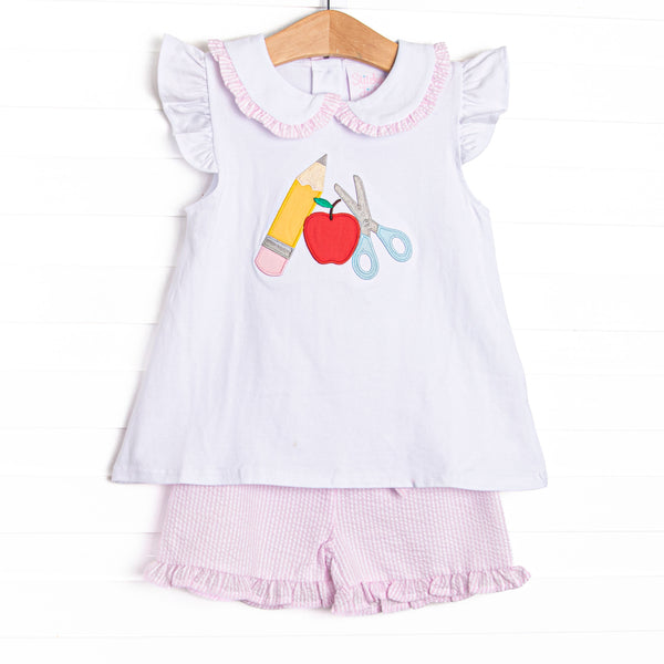  It features a white flutter sleeve top with school details applique and a ruffle seersucker trimmed collar. Coordinating pink seersucker ruffle shorts to match. 
