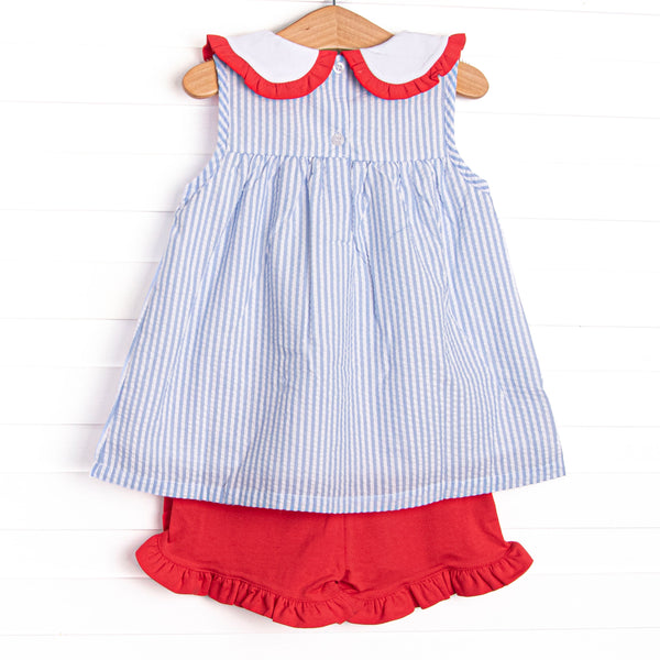 Time for School Seersucker Applique Ruffle Short Set, Blue