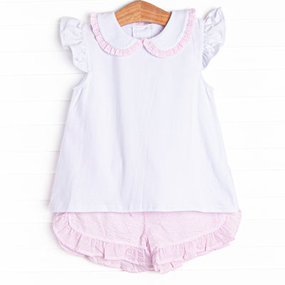Spring Seersucker Ruffle Short Set, Pink