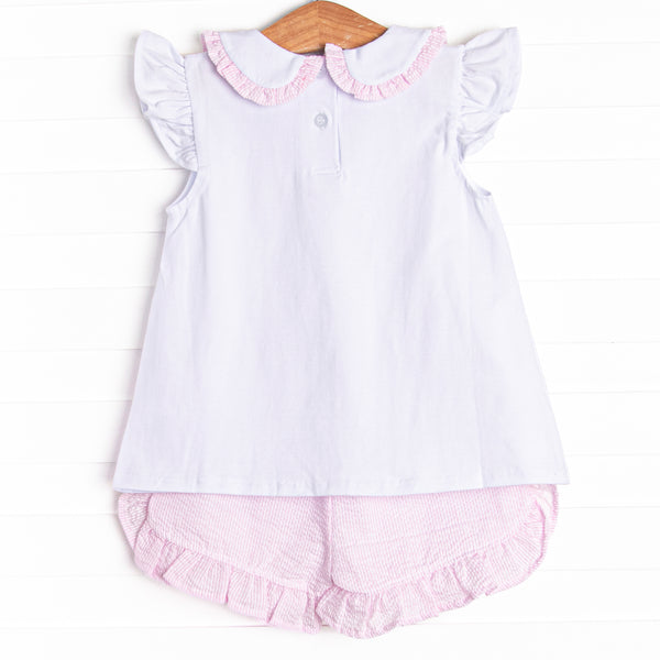 Spring Seersucker Ruffle Short Set, Pink