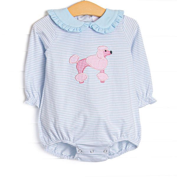 This bubble features a blue striped print, a puppy applique, and a blue peter pan collar.