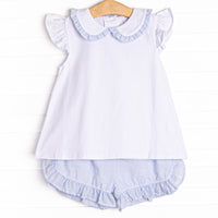 Spring Seersucker Ruffle Short Set, Blue