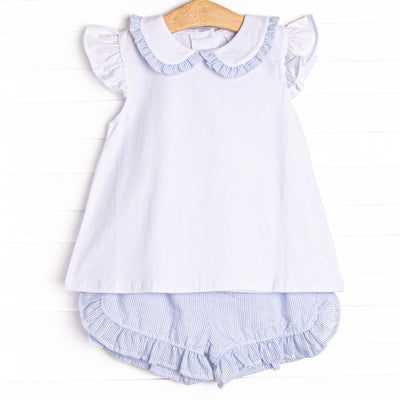 Spring Seersucker Ruffle Short Set, Blue