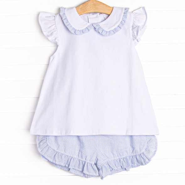 Spring Seersucker Ruffle Short Set, Blue