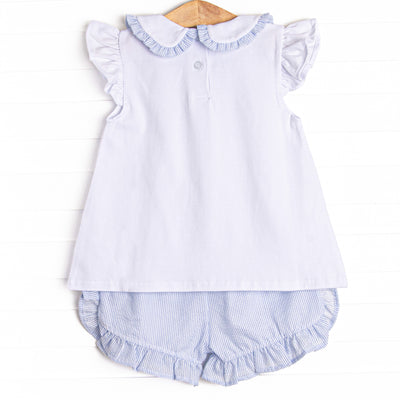 Spring Seersucker Ruffle Short Set, Blue