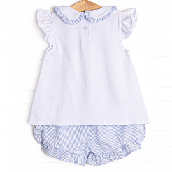 Spring Seersucker Ruffle Short Set, Blue