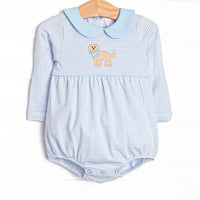  This bubble features a blue striped print, a puppy applique and blue peter pan collar. 