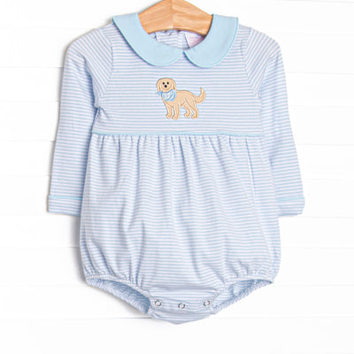  This bubble features a blue striped print, a puppy applique and blue peter pan collar. 