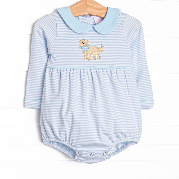  This bubble features a blue striped print, a puppy applique and blue peter pan collar. 