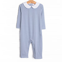  The romper features&nbsp;slate blue stripes, snaps in the stride to make changing a breeze, and soft knit material. 