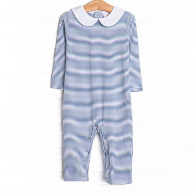  The romper features&nbsp;slate blue stripes, snaps in the stride to make changing a breeze, and soft knit material. 
