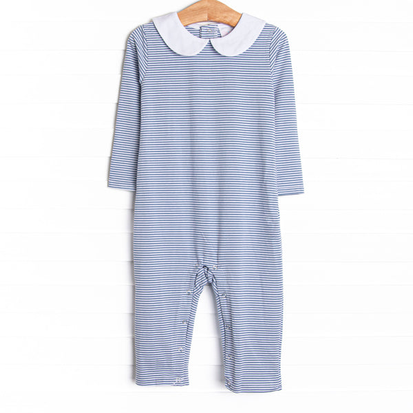  The romper features&nbsp;slate blue stripes, snaps in the stride to make changing a breeze, and soft knit material. 