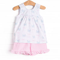 Blue Crab Bows Ruffle Short Set, Pink