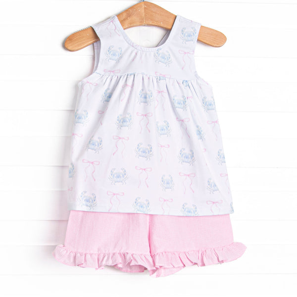 Blue Crab Bows Ruffle Short Set, Pink