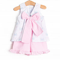 Blue Crab Bows Ruffle Short Set, Pink