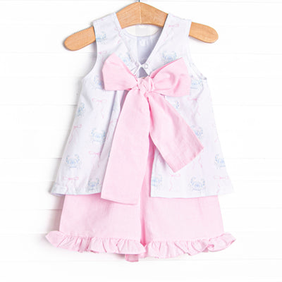 Blue Crab Bows Ruffle Short Set, Pink