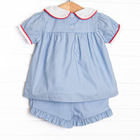 Alphabet Apples Embroidered Ruffle Short Set, Blue