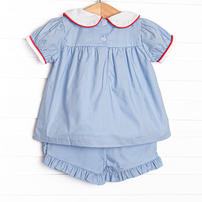 Alphabet Apples Embroidered Ruffle Short Set, Blue