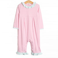  This romper features soft knit material, sweet pink stripes, and snaps in the stride to make changing a breeze. 